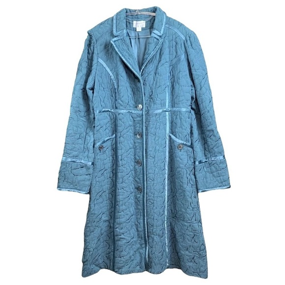 Vtg Ghost Embroidered Quilted Buttoned Long Duster Coat Jacket Blue Size 16
